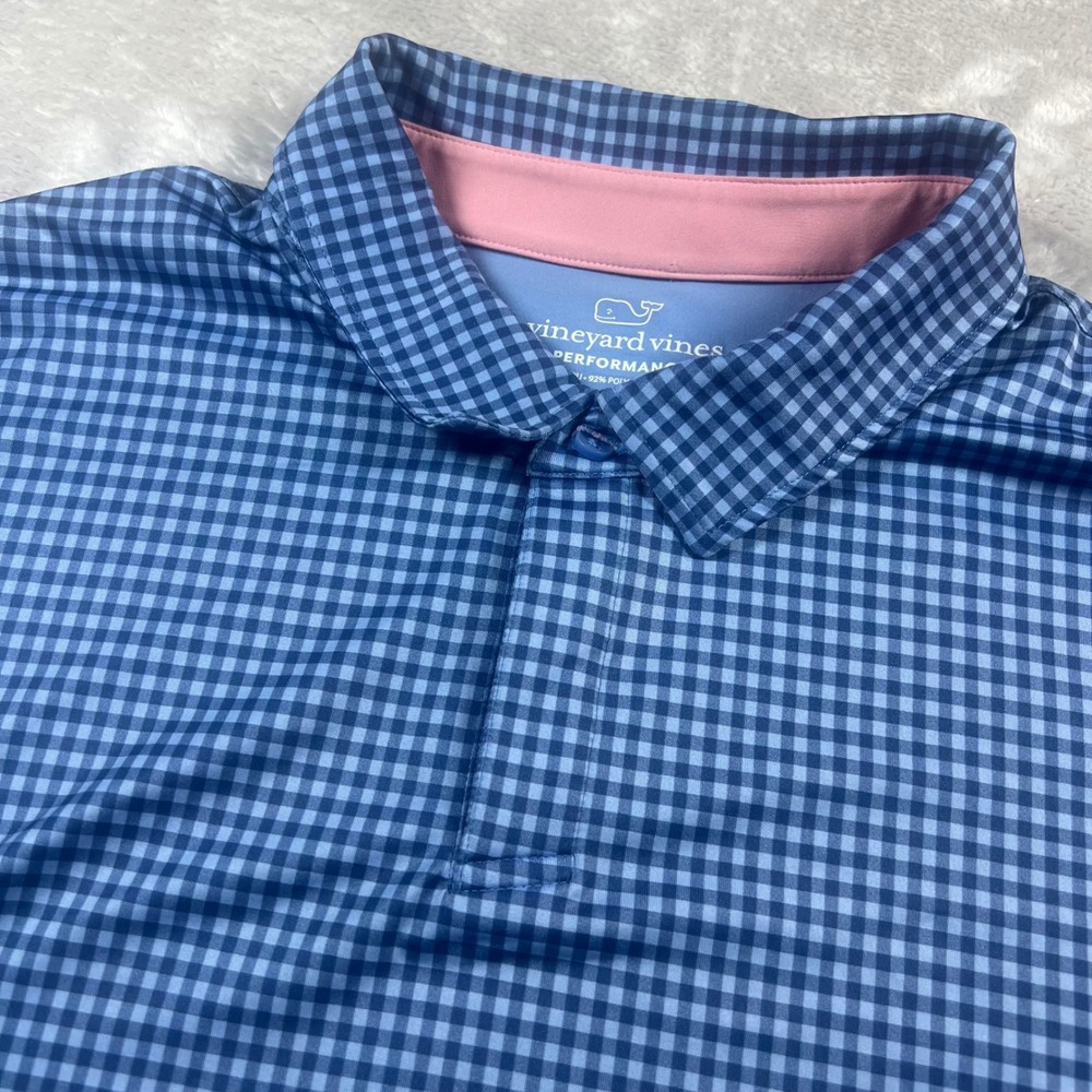 Vineyard Vines Men's XL Polo Shirt Blue Gingham Performance Check Short Sleeve